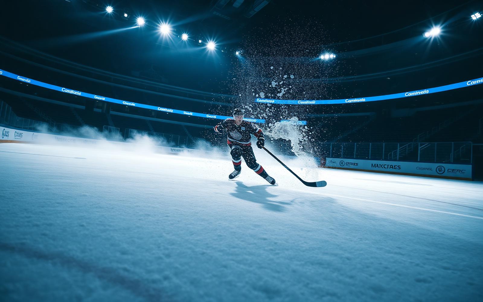 Hockey player carving the ice in a dark arena